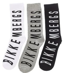 Strümpfe & Socken|Unterwäsche & Socken*BIKKEMBERGS 3 Paar Surtido Herren Tennis-Socken mit großem Schriftzug Baumwoll-Strümpfe BK_014 Schwarz/Grau/Weiß