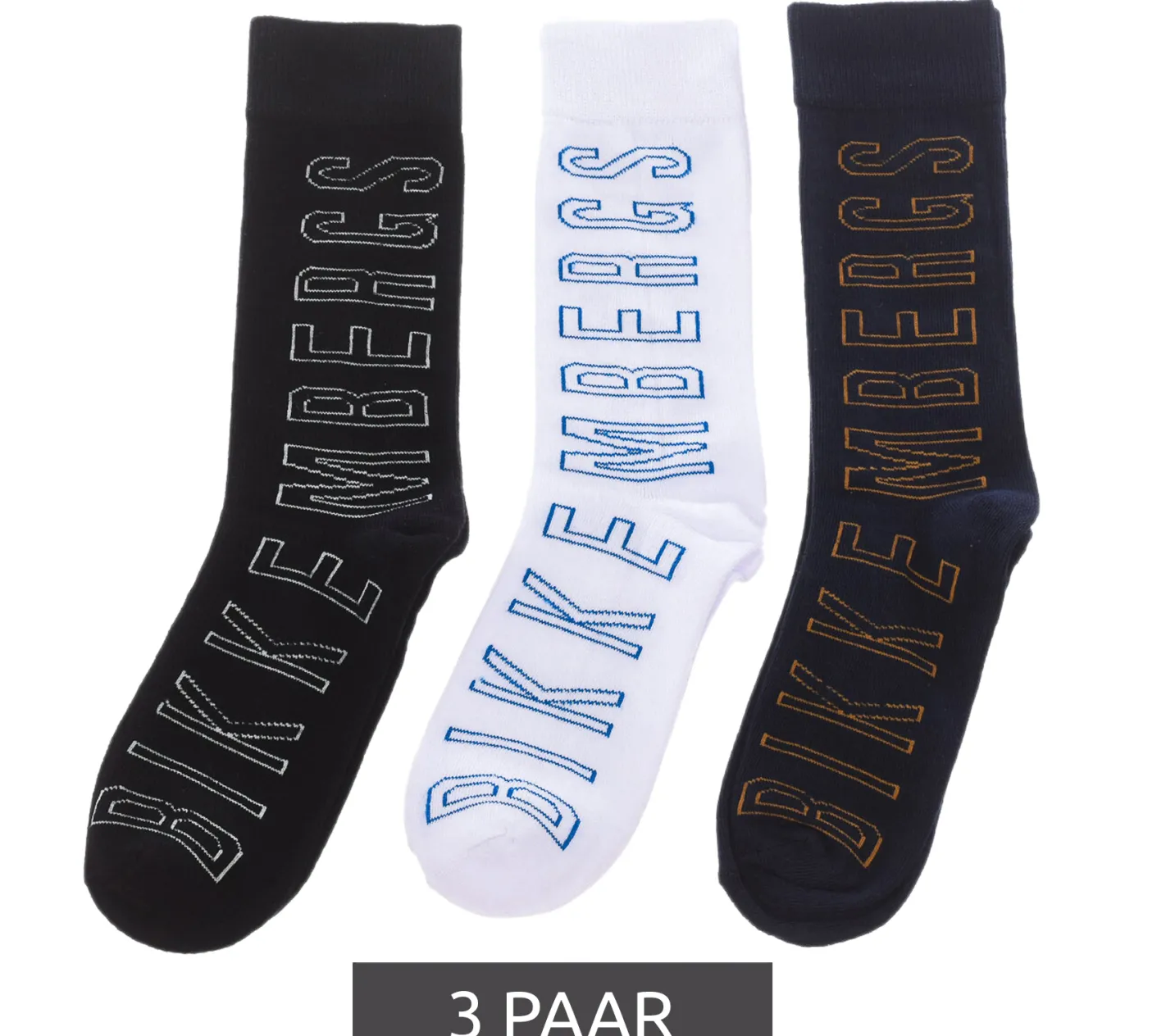 Strümpfe & Socken|Unterwäsche & Socken*BIKKEMBERGS 3 Paar Surtido Herren Tennis-Socken mit großem Schriftzug Baumwoll-Strümpfe BF_012 Weiß/Schwarz/Blau