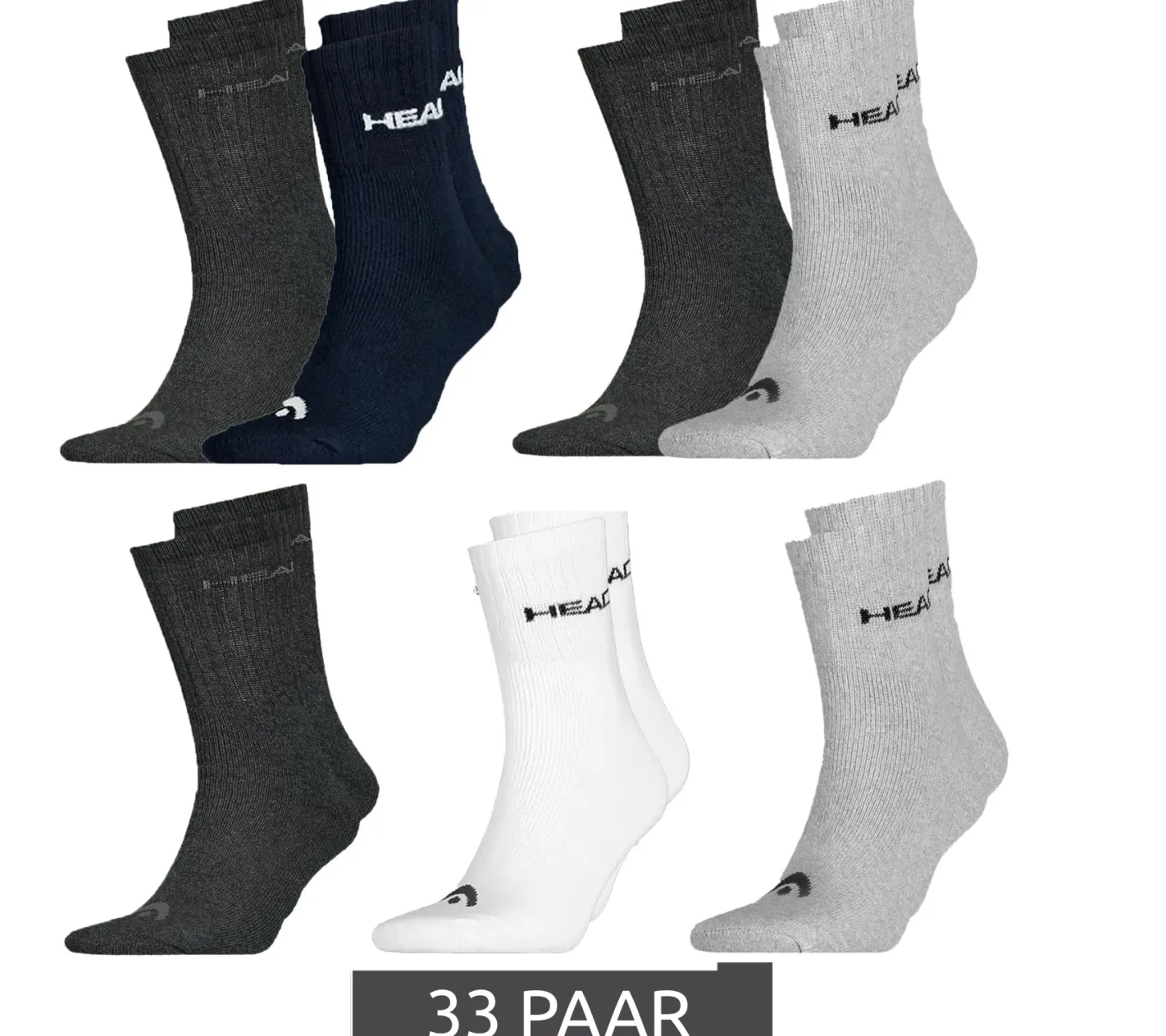 Strümpfe & Socken|Sportausrüstung*Head 33 Paar All Sports Socken Damen und Herren Trainings-Socken Sport-Strümpfe 701236921 in Schwarz, Blau, Grau, Weiß