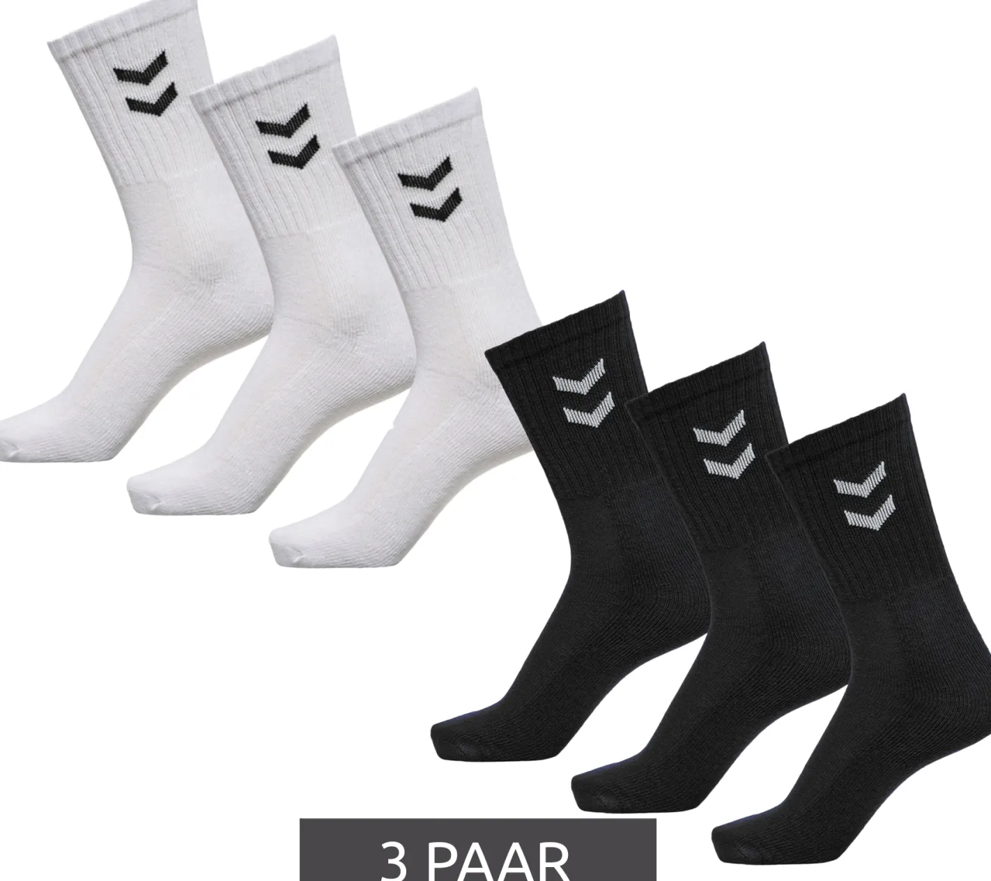 Strümpfe & Socken|Socken & Unterwäsche*hummel 3 Paar Basic Crew-Socken mit Kontrastwinkel Baumwoll-Strümpfe Sport-Socken 022030 Schwarz oder Weiß