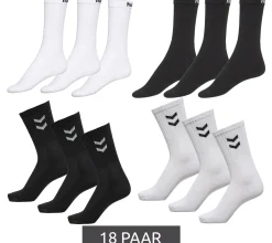 Strümpfe & Socken|Socken & Unterwäsche*hummel 18 Paar Basic Sport-Socken Baumwoll-Strümpfe Alltags-Socken mit Marken-Schriftzug 205603 oder Kontrastwinkel 022030 in Weiß oder Schwarz
