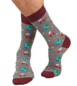 Strümpfe & Socken|Unterwäsche & Socken*Moustard 1 Paar Alien Herren Baumwoll-Socken mit Alien und Ufo Allover-Print gemusterte lange Strümpfe 17S-ALIEN Dunkelrot/Grau