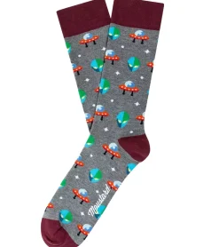 Strümpfe & Socken|Unterwäsche & Socken*Moustard 1 Paar Alien Herren Baumwoll-Socken mit Alien und Ufo Allover-Print gemusterte lange Strümpfe 17S-ALIEN Dunkelrot/Grau