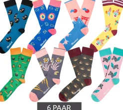 Strümpfe & Socken|Socken & Unterwäsche*Moustard 6 Paar Baumwoll-Socken mit tierischen, blumigen und Retro-Prints gemusterte lange Strümpfe Grau/Grün/Blau/Rosa/Gelb