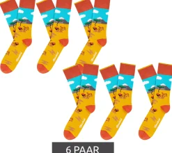 Strümpfe & Socken|Socken & Unterwäsche*Moustard 6 Paar Lion Baumwoll-Socken mit Löwen in der Steppe gemusterte lange Strümpfe 19S-LION Gelb/Blau/Orange