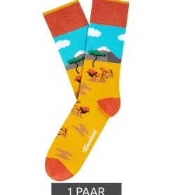Strümpfe & Socken|Socken & Unterwäsche*Moustard 1 Paar Lion Baumwoll-Socken mit Löwen in der Steppe gemusterte lange Strümpfe 19S-LION Gelb/Blau/Orange
