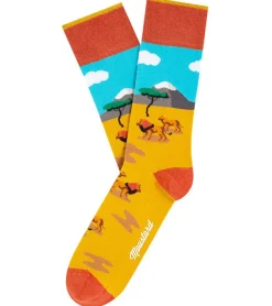 Strümpfe & Socken|Socken & Unterwäsche*Moustard 1 Paar Lion Baumwoll-Socken mit Löwen in der Steppe gemusterte lange Strümpfe 19S-LION Gelb/Blau/Orange
