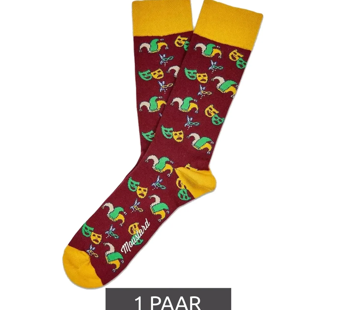 Strümpfe & Socken|Unterwäsche & Socken*Moustard 1 Paar Mardi Grass Herren Baumwoll-Socken mit Harlekin und Narrenkappen Allover-Print gemusterte lange Strümpfe 17S-MGRASS-M Gelb/Dunkelrot/Gelb
