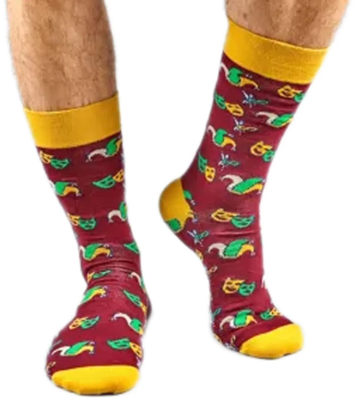 Strümpfe & Socken|Unterwäsche & Socken*Moustard 6 Paar Mardi Grass Herren Baumwoll-Socken mit Harlekin und Narrenkappen Allover-Print gemusterte lange Strümpfe 17S-MGRASS-M Gelb/Dunkelrot/Gelb