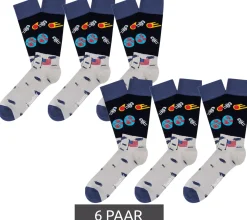 Strümpfe & Socken|Unterwäsche & Socken*Moustard 6 Paar Moon Landing Astronaut Herren Baumwoll-Socken mit Weltraum Print gemusterte lange Strümpfe Dunkelblau/Grau