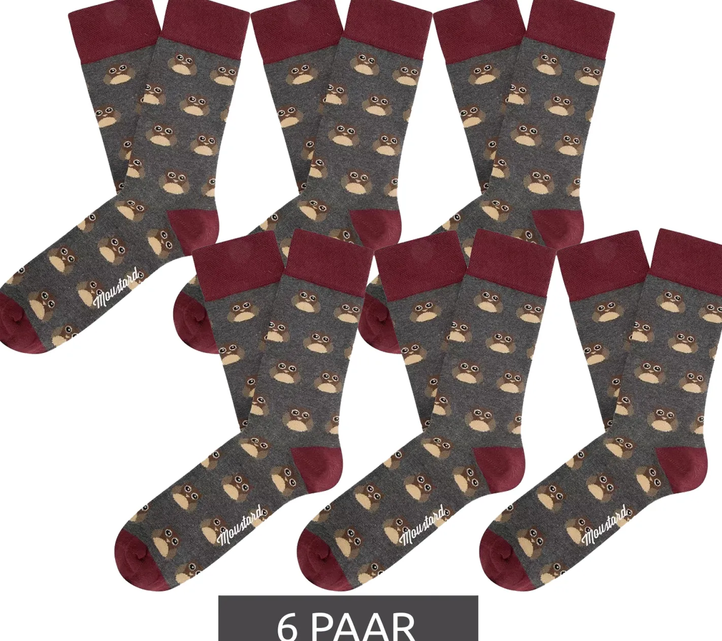 Strümpfe & Socken|Kinder-Unterwäsche*Moustard 6 Paar Owl Baumwoll-Socken mit Eulen-Allover-Print gemusterte lange Strümpfe 20S-OWL Grau/Rot/Beige