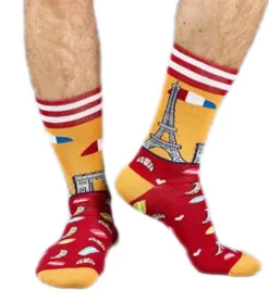 Strümpfe & Socken|Unterwäsche & Socken*Moustard 1 Paar Paris Herren Baumwoll-Socken mit Skyline von Paris Allover-Print gestreifte und gemusterte lange Strümpfe 17S-PARIS Rot/Gelb/Weiß