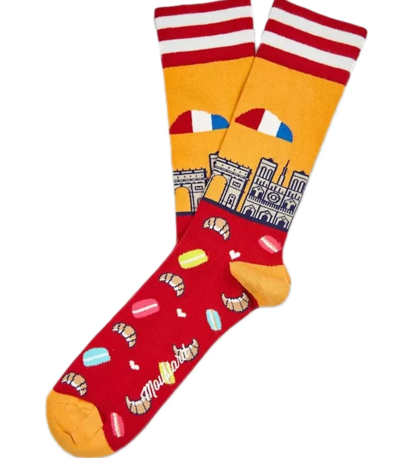 Strümpfe & Socken|Unterwäsche & Socken*Moustard 1 Paar Paris Herren Baumwoll-Socken mit Skyline von Paris Allover-Print gestreifte und gemusterte lange Strümpfe 17S-PARIS Rot/Gelb/Weiß