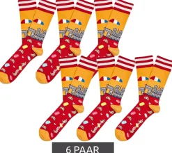 Strümpfe & Socken|Unterwäsche & Socken*Moustard 6 Paar Paris Herren Baumwoll-Socken mit Skyline von Paris Allover-Print gestreifte und gemusterte lange Strümpfe 17S-PARIS Rot/Gelb/Weiß