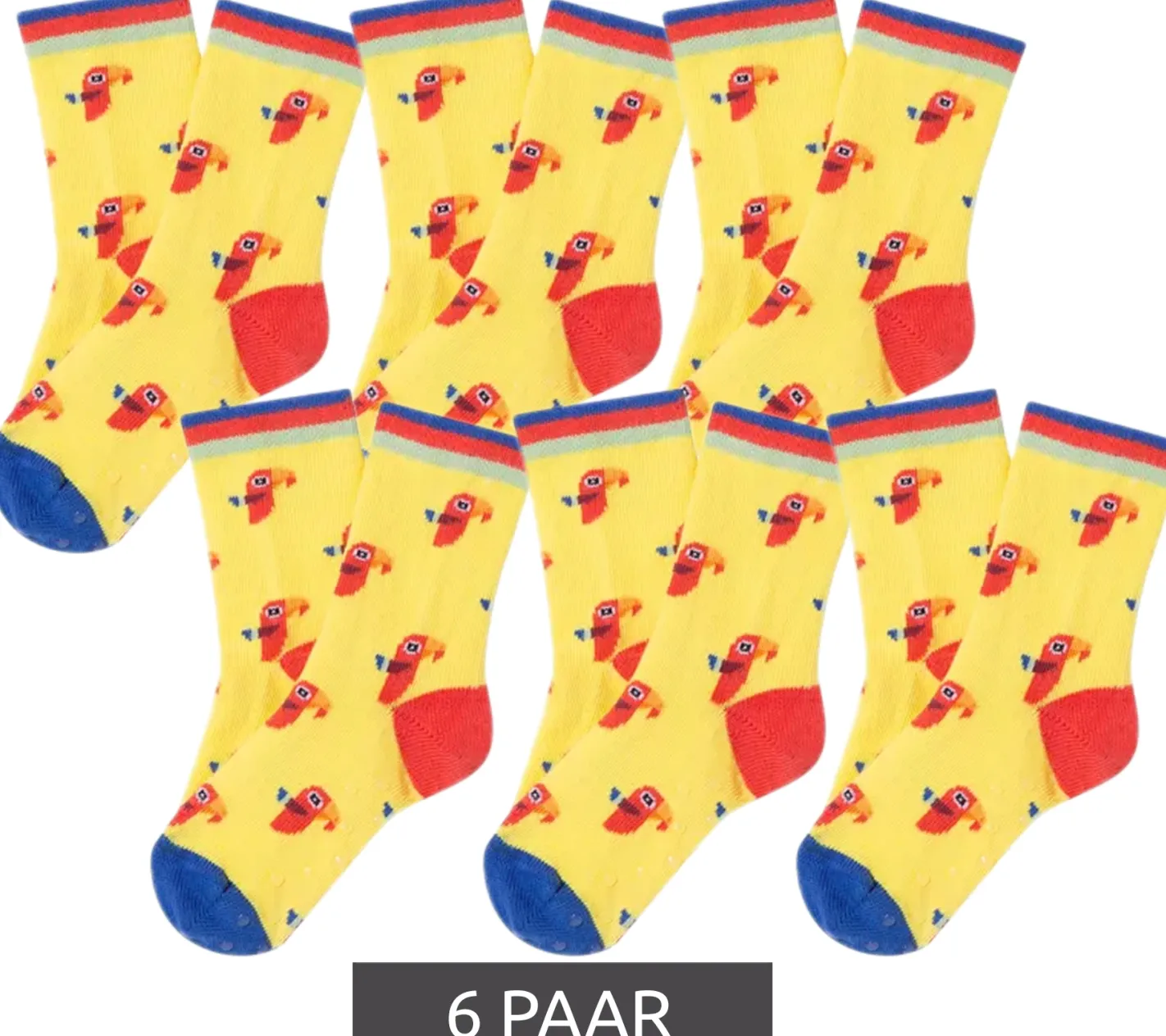 Strümpfe & Socken|Kinder-Unterwäsche*Moustard 6 Paar Parrot Kinder Baumwoll-Socken mit Papageien-Print gemusterte Stopper-Socken Vogel-Print Baby-Socken 20S-PARR Gelb/Blau/Rot/Orange