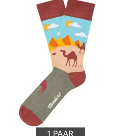 Strümpfe & Socken|Socken & Unterwäsche*Moustard 1 Paar Pyramids and Camels Baumwoll-Socken Wüsten Design mit Pyramiden und Kamelen gemusterte lange Strümpfe 20S-PYRAM Hellblau/Rot/Beige