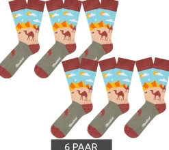 Strümpfe & Socken|Socken & Unterwäsche*Moustard 6 Paar Pyramids and Camels Baumwoll-Socken Wüsten Design mit Pyramiden und Kamelen gemusterte lange Strümpfe 20S-PYRAM Hellblau/Rot/Beige