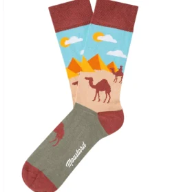 Strümpfe & Socken|Socken & Unterwäsche*Moustard 6 Paar Pyramids and Camels Baumwoll-Socken Wüsten Design mit Pyramiden und Kamelen gemusterte lange Strümpfe 20S-PYRAM Hellblau/Rot/Beige