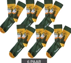 Strümpfe & Socken|Socken & Unterwäsche*Moustard 6 Paar Samurai Baumwoll-Socken mit Silhouette eines Samurai Kämpfers gemusterte lange Strümpfe 22S-SAMU Gelb/Orange/Weiß