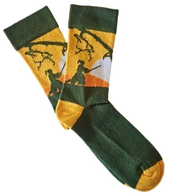 Strümpfe & Socken|Socken & Unterwäsche*Moustard 1 Paar Samurai Baumwoll-Socken mit Silhouette eines Samurai Kämpfers gemusterte lange Strümpfe 22S-SAMU Gelb/Orange/Weiß