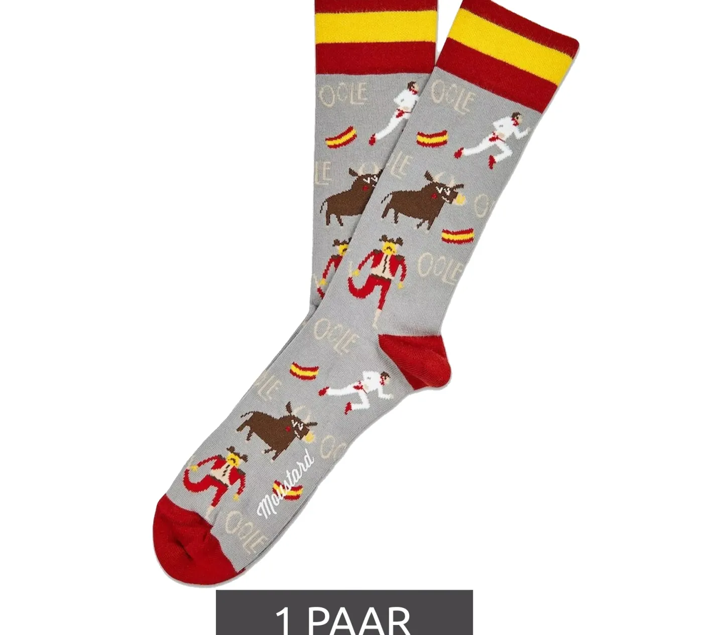 Strümpfe & Socken|Kinder-Unterwäsche*Moustard 1 Paar San Fermin Baumwoll-Socken mit Stierkampf-Symbolen und Spanien-Flagge am Bund gemusterte lange Strümpfe 17SSFER Grau/Rot/Gelb