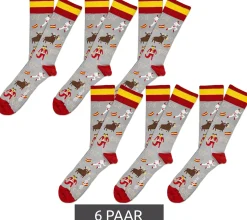 Strümpfe & Socken|Kinder-Unterwäsche*Moustard 6 Paar San Fermin Baumwoll-Socken mit Stierkampf-Symbolen und Spanien-Flagge am Bund gemusterte lange Strümpfe 17SSFER Grau/Rot/Gelb