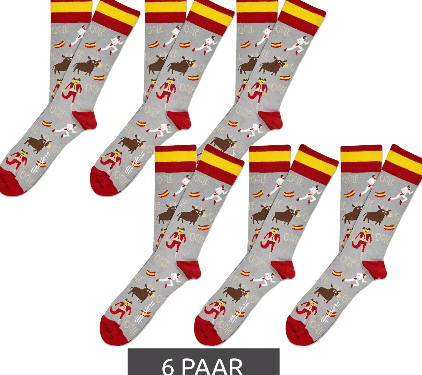 Strümpfe & Socken|Kinder-Unterwäsche*Moustard 6 Paar San Fermin Baumwoll-Socken mit Stierkampf-Symbolen und Spanien-Flagge am Bund gemusterte lange Strümpfe 17SSFER Grau/Rot/Gelb