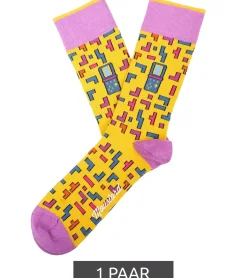 Strümpfe & Socken|Socken & Unterwäsche*Moustard 1 Paar Tetris Baumwoll-Socken mit Allover-Print im Retro-Gameplay Design gemusterte lange Strümpfe 22S-TETRIS Gelb/Blau/Rosa/Lila