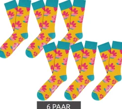 Strümpfe & Socken|Socken & Unterwäsche*Moustard 6 Paar Witty lily yellow flower Baumwoll-Socken mit Blumen-Print gemusterte lange Strümpfe 19S-YFLOW Türkis/Orange/Rosa
