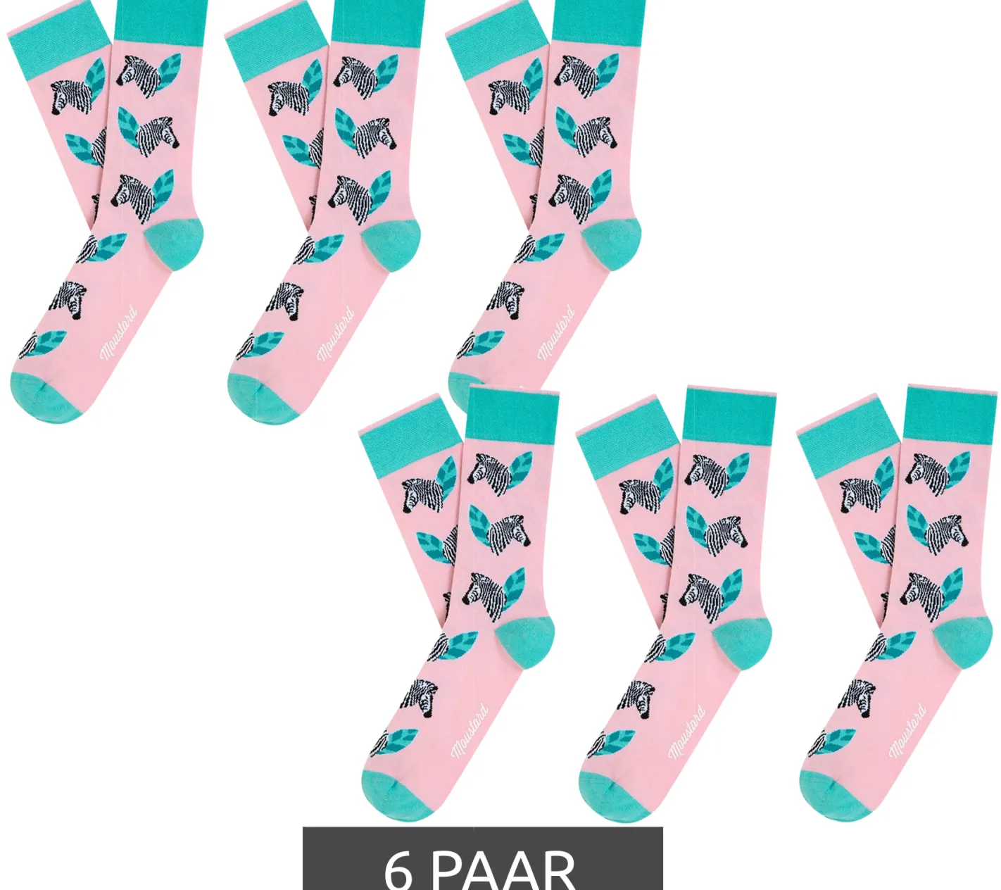 Strümpfe & Socken|Socken & Unterwäsche*Moustard 6 Paar Zebra Baumwoll-Socken mit Zebras gemusterte lange Strümpfe 19S-ZEB Rosa/Grau/Grün