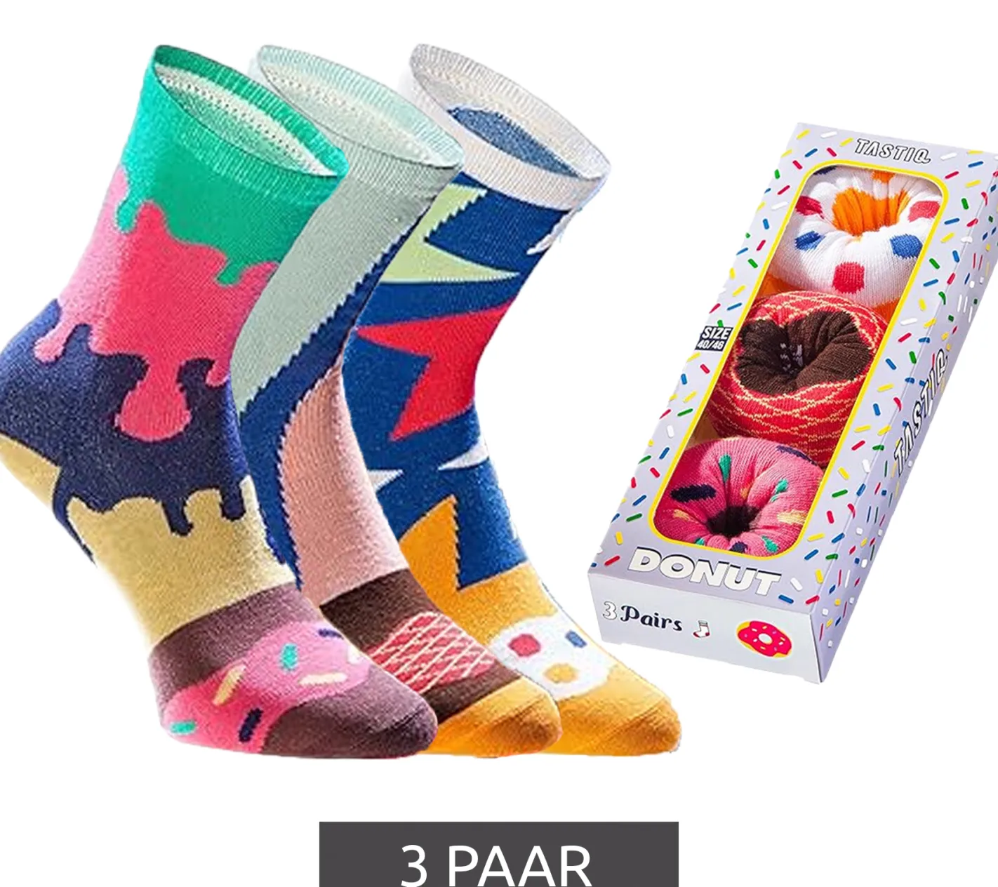 Strümpfe & Socken|Socken & Unterwäsche*TASTIQ 9 Paar Baumwoll-Socken mit Print lange Strümpfe in stylischer Geschenkbox Tas/1/CSX3 mit oder Donut Print Pizza