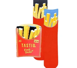 Strümpfe & Socken|Socken & Unterwäsche*TASTIQ 4 Paar Baumwoll-Socken mit Pommes-Print lange Strümpfe in stylischer Pommestüten-Geschenkbox TAS/1/CSX2/FRI Rot/Gelb/Schwarz/Hellblau