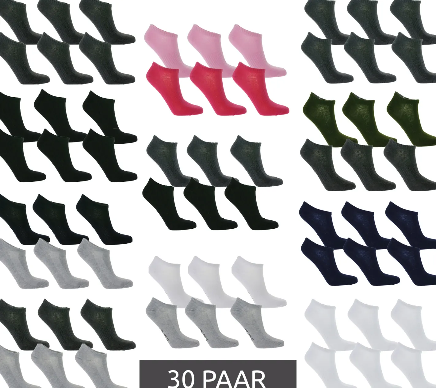 Strümpfe & Socken|Socken & Unterwäsche*TASTIQ 30 Paar Sneaker-Socken schlichte Baumwoll-Socken in Geschenkbox Sport-Socken Grau, Schwarz, Weiß, Blau, Grün oder Rosa