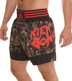 Sportunterbekleidung|Fitnessmode & Jogginghosen*adidas Thaibox-Shorts Kickbox-Shorts für Damen und Herren Sport-Shorts aus Satin mit Allover-Print ADISKB02 C Schwarz/Grün