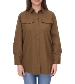 Poloshirts & Blusen*AjC Damen Bluse Oversized Langarm-Shirt aus Baumwolle mit krempelbaren Ärmeln 56957227 Khaki