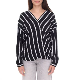 Poloshirts & Blusen*AjC Damen gestreifte Wickelbluse leichte Sommer-Bluse Freizeit-Bluse mit Knopfleiste 29937205 Schwarz/Weiß