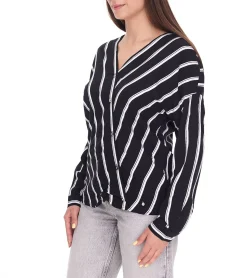 Poloshirts & Blusen*AjC Damen gestreifte Wickelbluse leichte Sommer-Bluse Freizeit-Bluse mit Knopfleiste 29937205 Schwarz/Weiß