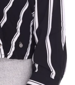 Poloshirts & Blusen*AjC Damen gestreifte Wickelbluse leichte Sommer-Bluse Freizeit-Bluse mit Knopfleiste 29937205 Schwarz/Weiß