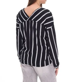 Poloshirts & Blusen*AjC Damen gestreifte Wickelbluse leichte Sommer-Bluse Freizeit-Bluse mit Knopfleiste 29937205 Schwarz/Weiß