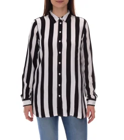 Poloshirts & Blusen*AjC Damen Hemd-Bluse gestreiftes Langarm-Hemd leichte Sommer-Bluse Freizeit-Bluse mit Knopfleiste 21945827 Weiß/Schwarz