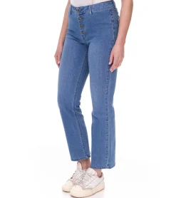 Hosen & Jeans*AjC Damen High Waist Jeans Baumwoll-Hose Bootcut Hose mit Knopfdetails 57009102 Blau