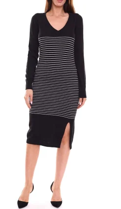 Sweater & Pullover|Kleider*AjC Damen Pullover-Kleid gestreift Midi-Kleid Strick-Kleid 52490724 Schwarz