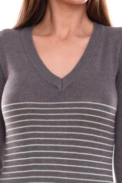 Kleider|Sweater & Pullover*AjC Damen Pullover-Kleid gestreift Midi-Kleid Strick-Kleid in Grau, Schwarz oder Blau