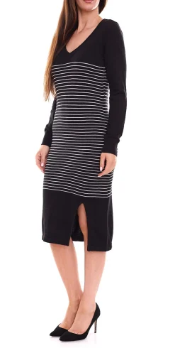 Kleider|Sweater & Pullover*AjC Damen Pullover-Kleid gestreift Midi-Kleid Strick-Kleid in Grau, Schwarz oder Blau