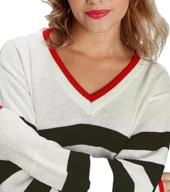 Sweater & Pullover*AjC Damen Strick-Pullover im College-Look Baumwoll-Pullover 89512917 Weiß/Schwarz