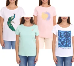 Tops & T-Shirts*AjC Damen T-Shirt mit verschiedenen Prints kurzärmliges Sommer-Shirt Baumwolle Mint, Rosa oder Weiß