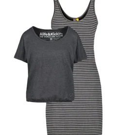 Kleider*ALIFE AND KICKIN Sunny Damen Set Shirt und Mini-Kleid gestreiftes Jersey-Kleid 65096421 Grau/Weiß