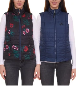 Mäntel & Jacken*ALPENBLITZ Damen Wende-Weste unifarben und Allover-Print Stepp-Weste Frühlings-Weste Dunkelblau/Bunt, oder Schwarz/Weiß Braun/Weiß