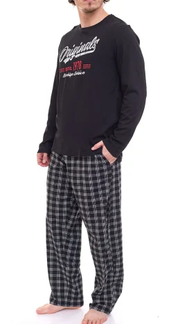 Nachtwäsche & Bademode*AM LEGEND Herren Pyjama-Set 2-teilig karierter oder unifarbener Schlafanzug aus 100umwolle IAN MPJ 23 Schwarz, Navy, Grau in verschiedenen Modellen