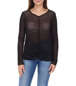 Sweater & Pullover*Aniston CASUAL Damen Langarm-Shirt durchsichtiger Alltags-Pullover mit V-Ausschnitt Sommer-Shirt 90880825 Schwarz
